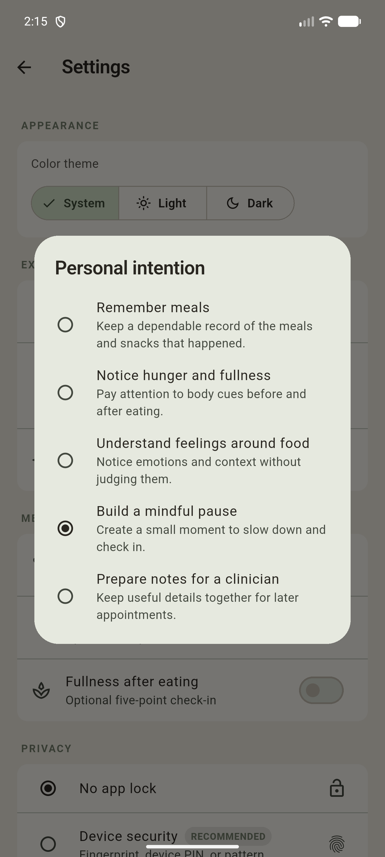 Ritual’s personal intention choices