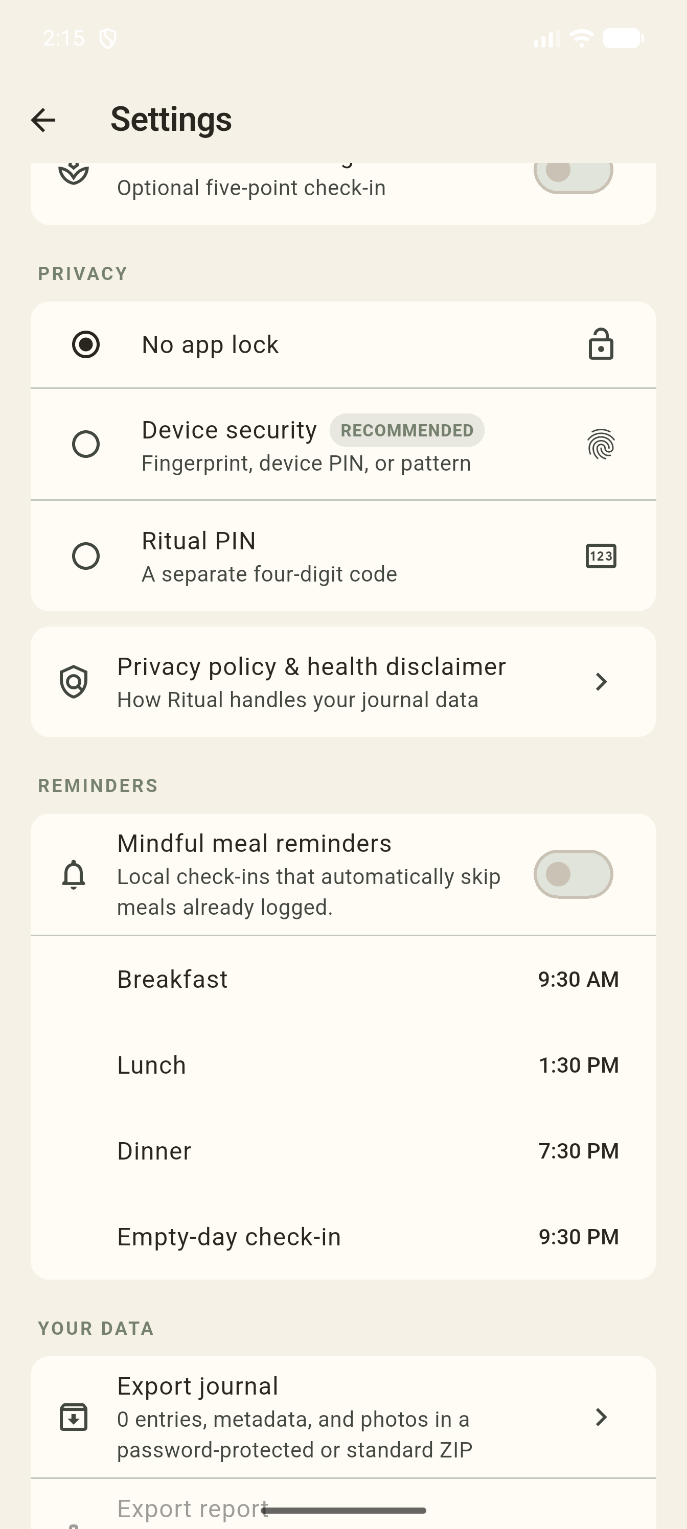 Ritual reminder settings with editable meal times