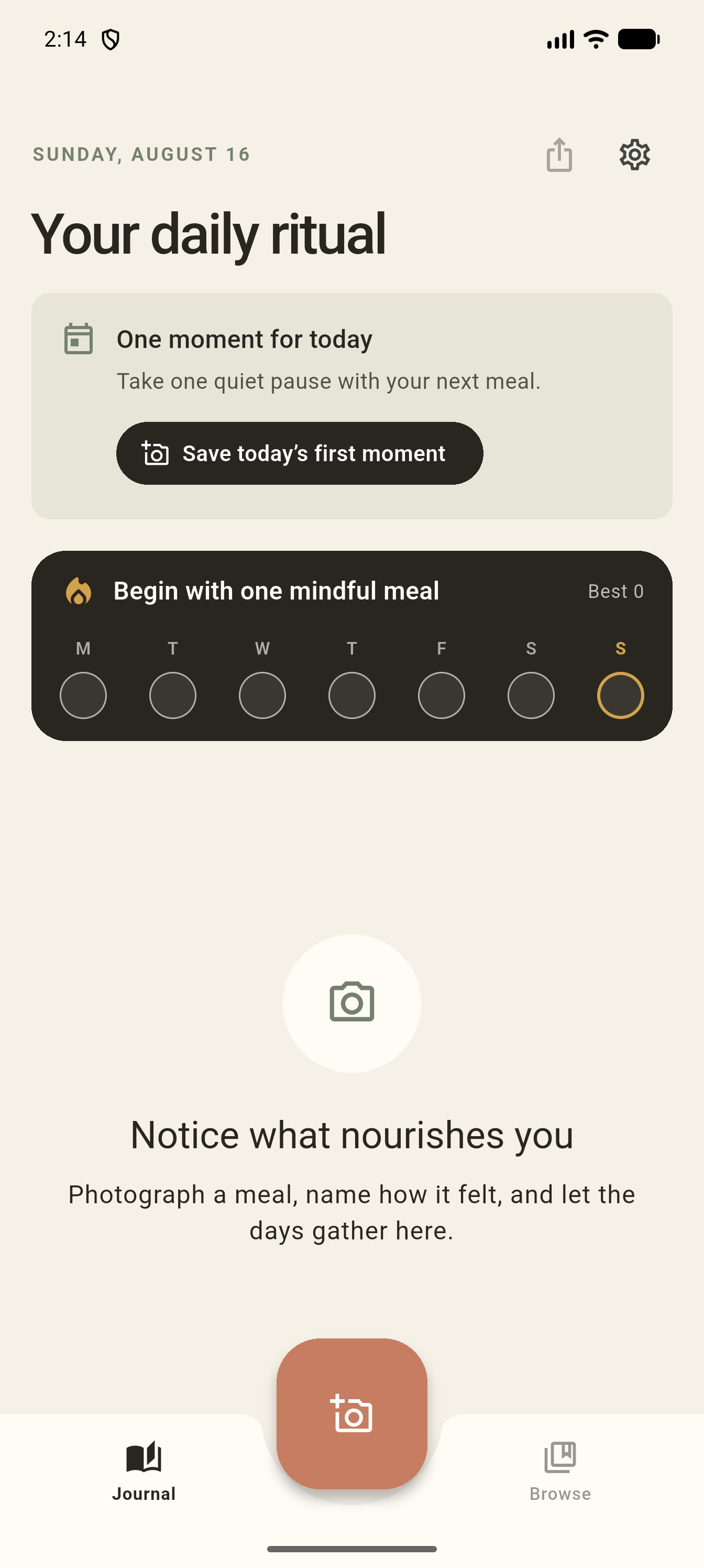 Ritual’s Today screen showing a mindful first-meal prompt and weekly rhythm